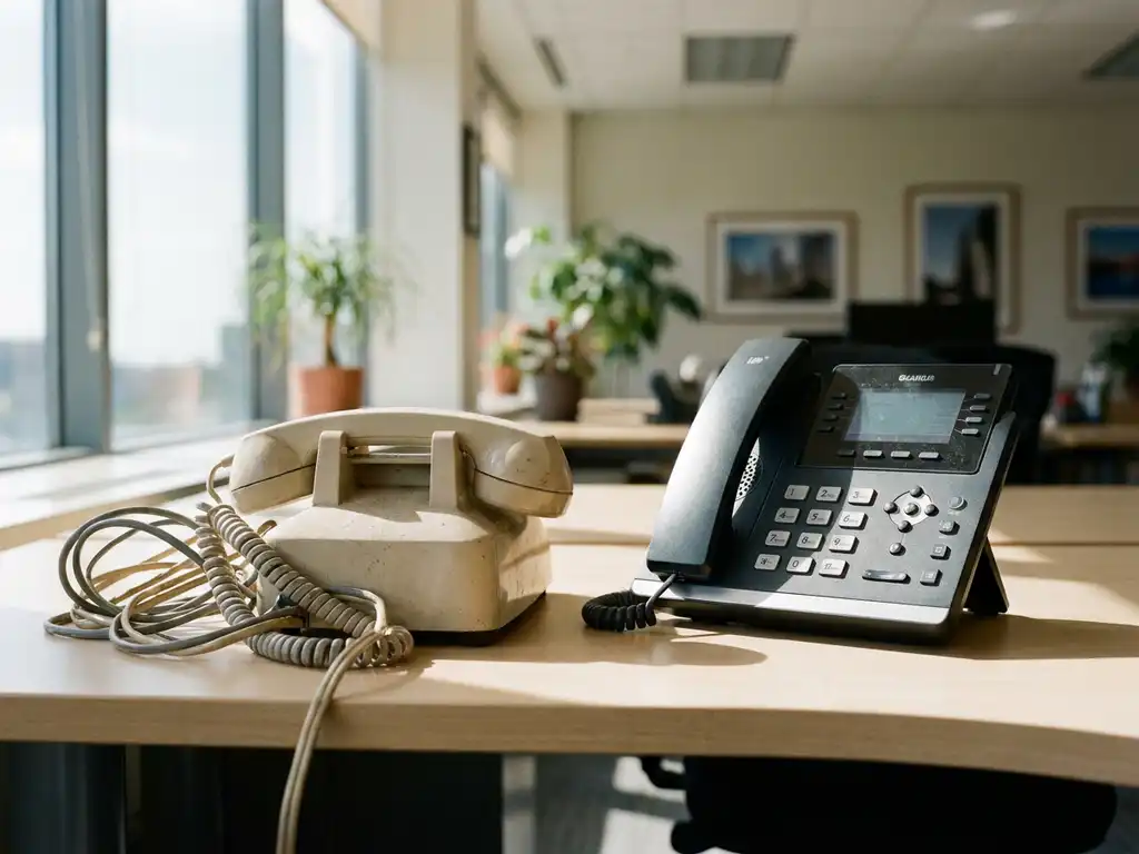 Veraltetes Bürotelefon mit verwirrten Kabeln neben modernem IP-Handset auf einem Schreibtisch im natürlichen Fensterlicht.