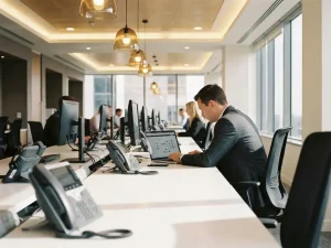Fachkraft in Businesskleidung konfiguriert Anrufweiterleitung am Laptop in modernem Großraumbüro mit Tischtelefonen und Headsets.