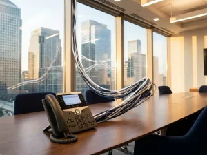 Moderne Bürogebäude verbunden durch Ethernet- und Glasfaserkabel, die in ein VoIP-Tischtelefon auf einem Konferenztisch münden.