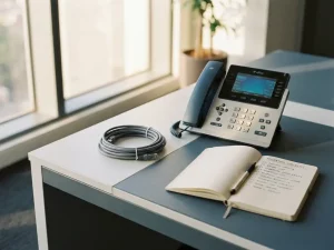 Modernes IP-Tischtelefon neben aufgerolltem Ethernet-Kabel und Migrationsnotizen auf einem Büroschreibtisch im natürlichen Licht.