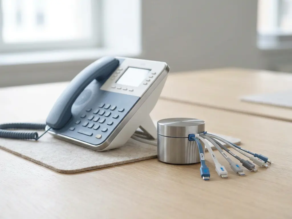Modernes IP-Tischtelefon auf Büroschreibtisch mit mehreren beschrifteten Kabelanschlüssen an einem zentralen Hub, Seitenlicht.