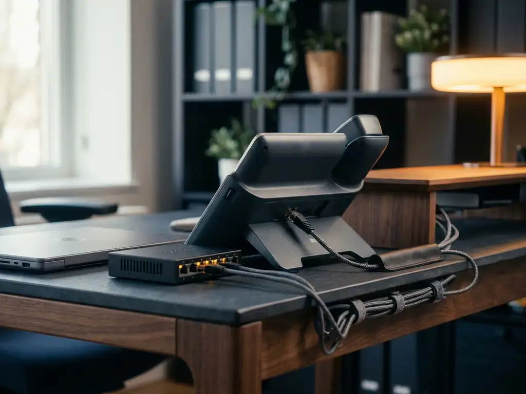 IP-Tischtelefon auf modernem Büroschreibtisch mit Laptop, Ethernet-Kabeln und kleinem Netzwerk-Switch im warmen Umgebungslicht.