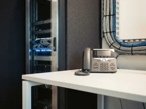 Desktop-IP-Telefon mit Hörer auf weißem Schreibtisch, Server-Rack und Ethernet-Kabel im unscharfen Hintergrund.