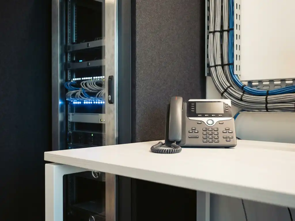 Desktop-IP-Telefon mit Hörer auf weißem Schreibtisch, Server-Rack und Ethernet-Kabel im unscharfen Hintergrund.