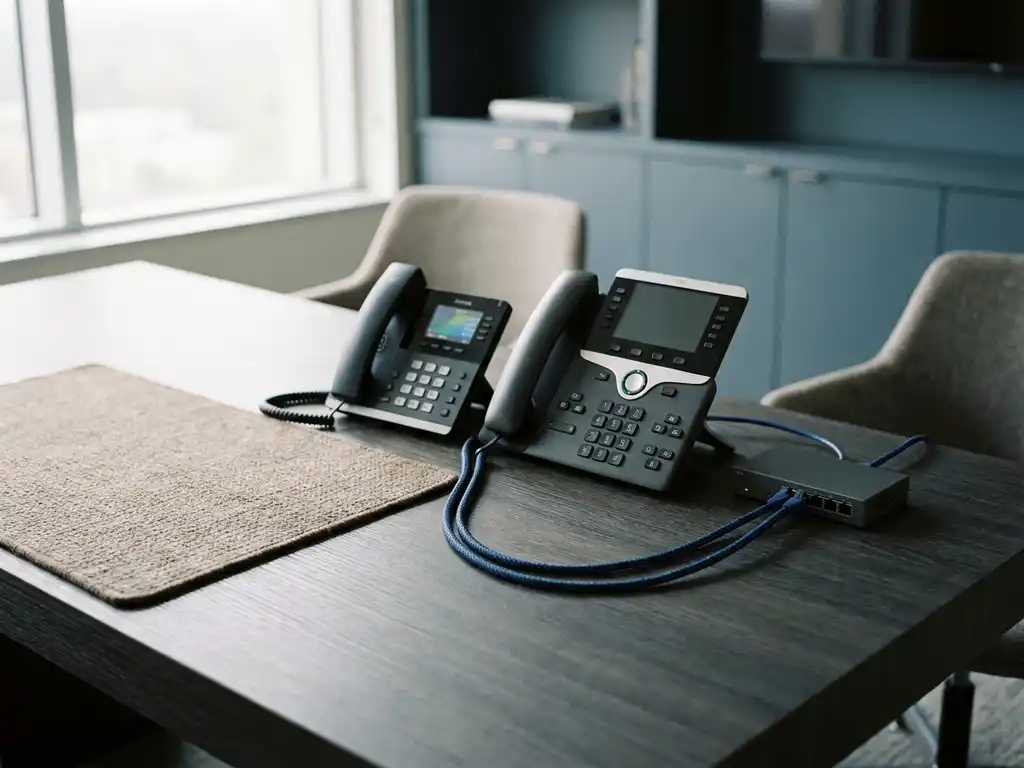 Zwei IP-Tischtelefone auf einem Büroschreibtisch, verbunden über ein Ethernet-Kabel mit einem Netzwerk-Switch.