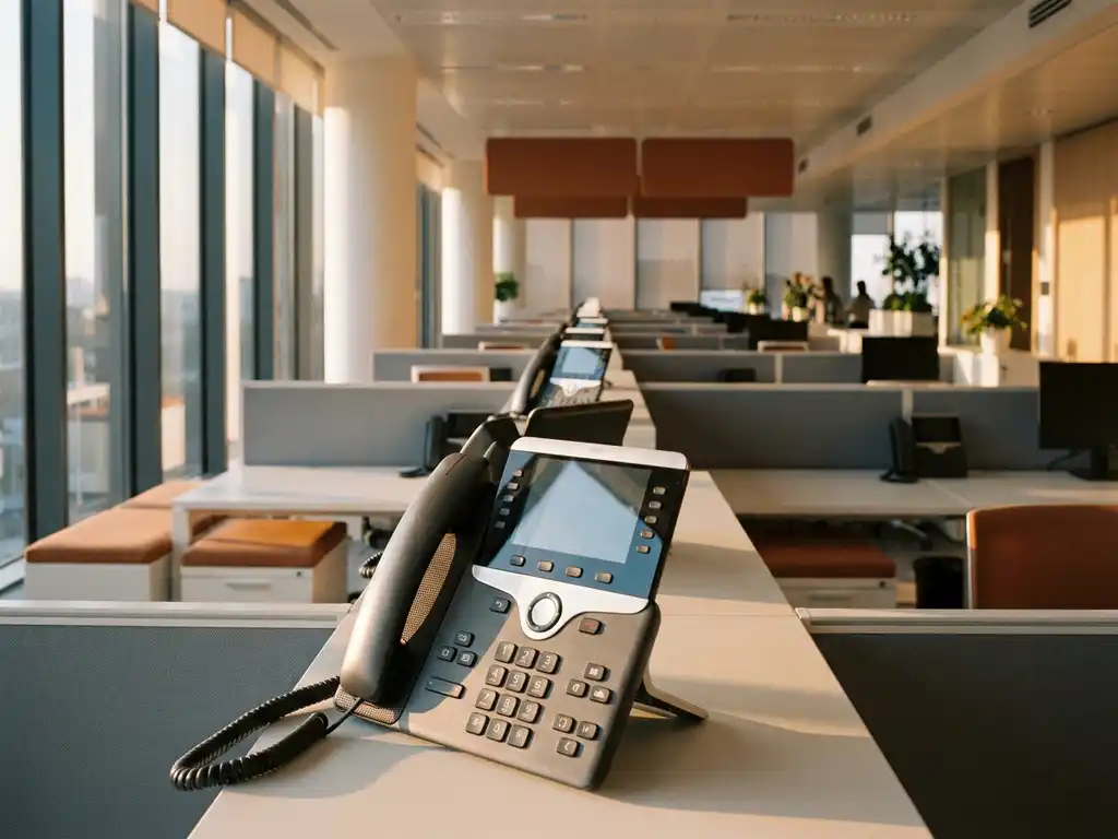 Reihen moderner IP-Tischtelefone in einem weitläufigen Büro, ein Gerät im scharfen Vordergrund, natürliches Licht durch Panoramafenster.