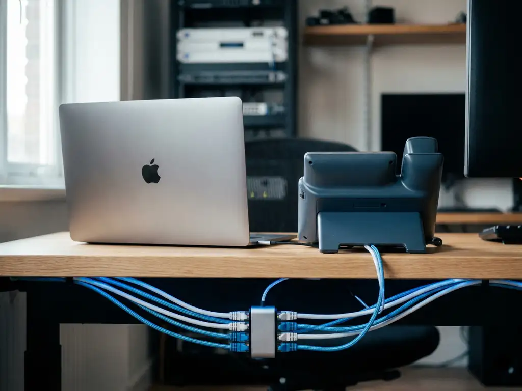 Schreibtischtelefon und Laptop neben einem beleuchteten Ethernet-Hub auf modernem Büroschreibtisch in kühlen Blau- und Weißtönen.
