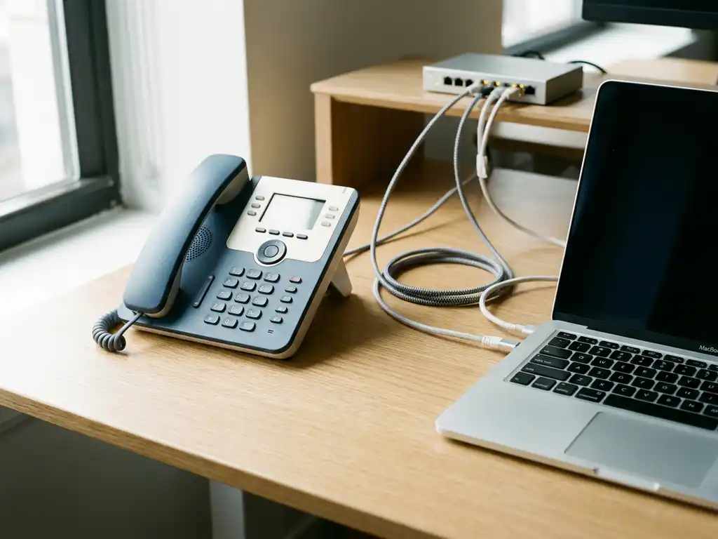 Schreibtischtelefon und Laptop auf modernem Büroschreibtisch, verbunden durch Ethernet- und USB-Kabel, Netzwerk-Switch im Hintergrund.
