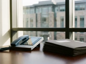 Modernes Bürotelefon auf poliertem Schreibtisch neben amtlichen Ordnern, Gemeindegebäude im Hintergrund, natürliches Tageslicht.