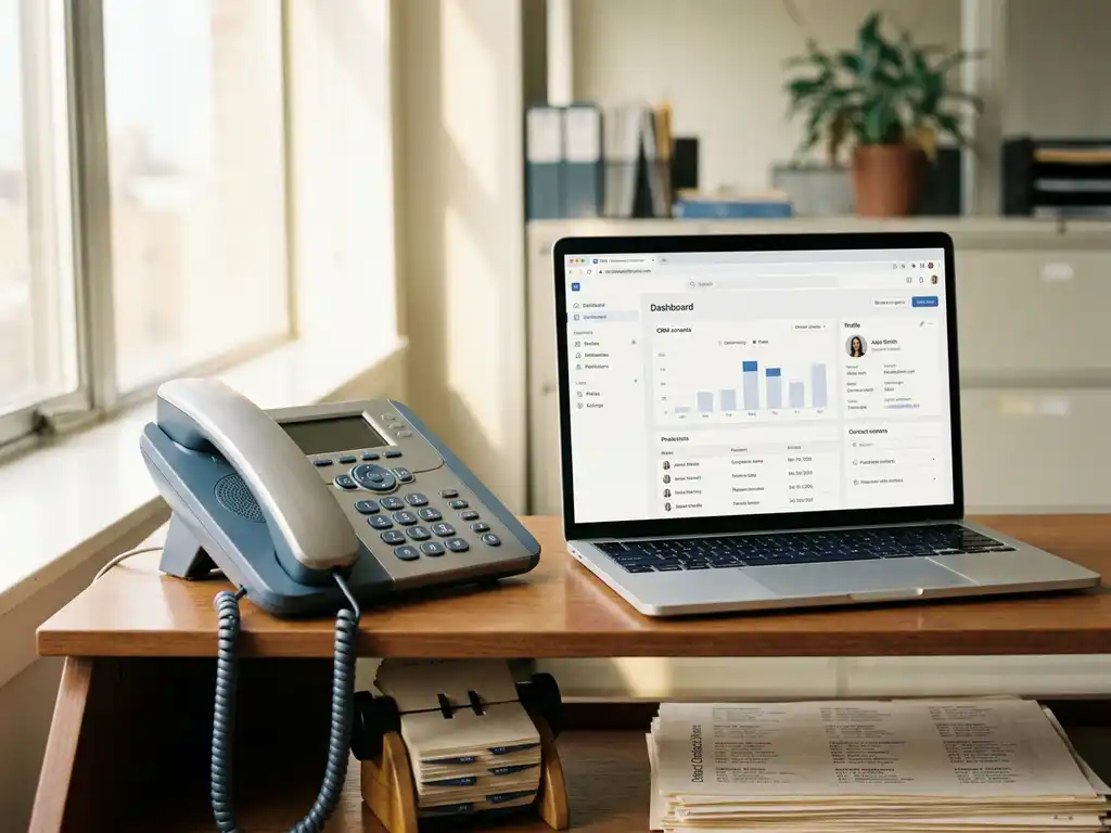 Telefonhörer neben Laptop mit CRM-Dashboard, Rolodex und Kontaktliste auf einem modernen Büroschreibtisch im warmen Tageslicht.