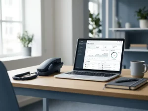 Telefonhörer neben aufgeklapptem Laptop mit CRM-Dashboard auf modernem Schreibtisch in ruhiger Büroatmosphäre.