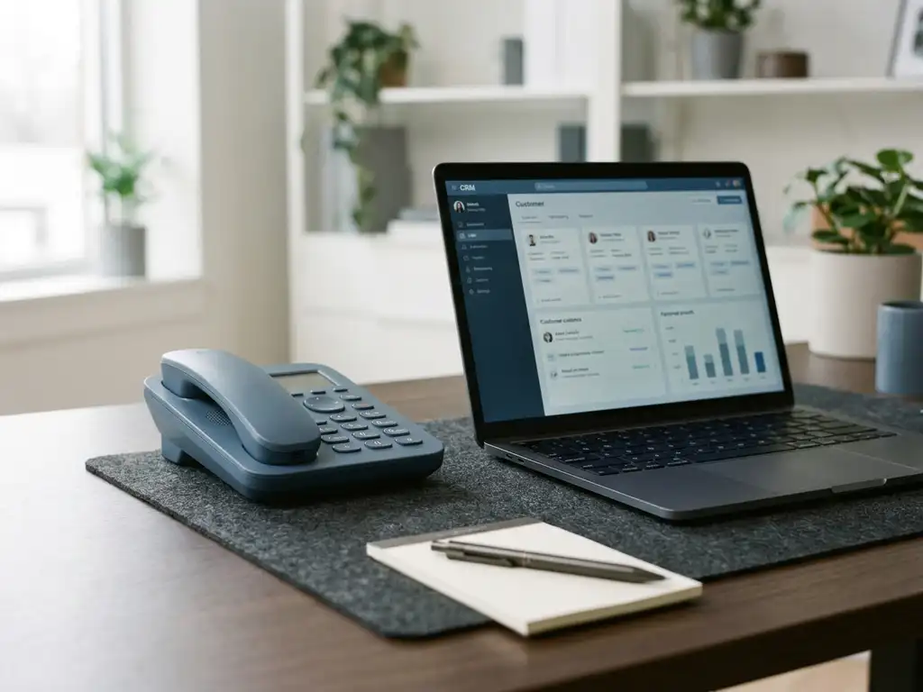 Telefonhörer neben aufgeklapptem Laptop mit CRM-Dashboard auf modernem Schreibtisch im Büro.