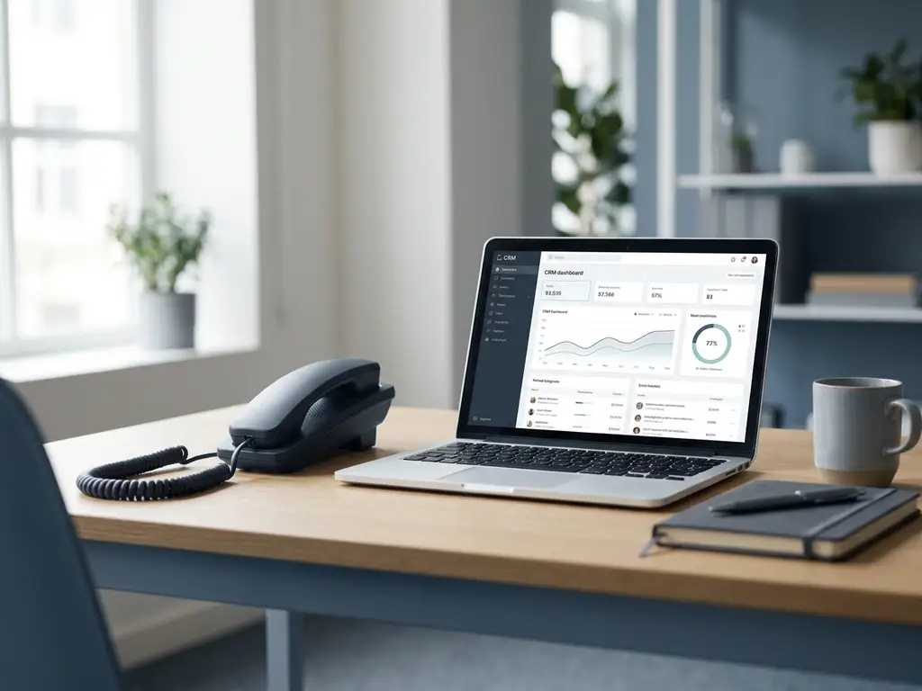 Telefonhörer neben aufgeklapptem Laptop mit CRM-Dashboard auf modernem Schreibtisch in ruhiger Büroatmosphäre.
