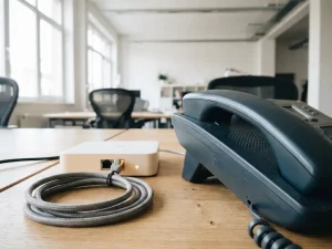 Tischtelefon-Hörer neben einem Ethernet-Kabel an einem Netzwerk-Switch, Büro-Hintergrund unscharf, natürliches Fensterlicht.