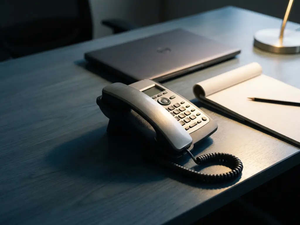 Abgehobener Bürotelefonhörer auf einem Schreibtisch mit Laptop und Notizblock, dramatisches Seitenlicht erzeugt bedrohliche Atmosphäre.