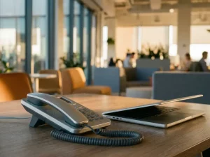 Schnurgebundenes Bürotelefon neben einem Laptop auf einem Schreibtisch, warmes Nachmittagslicht im modernen Open-Space-Büro.