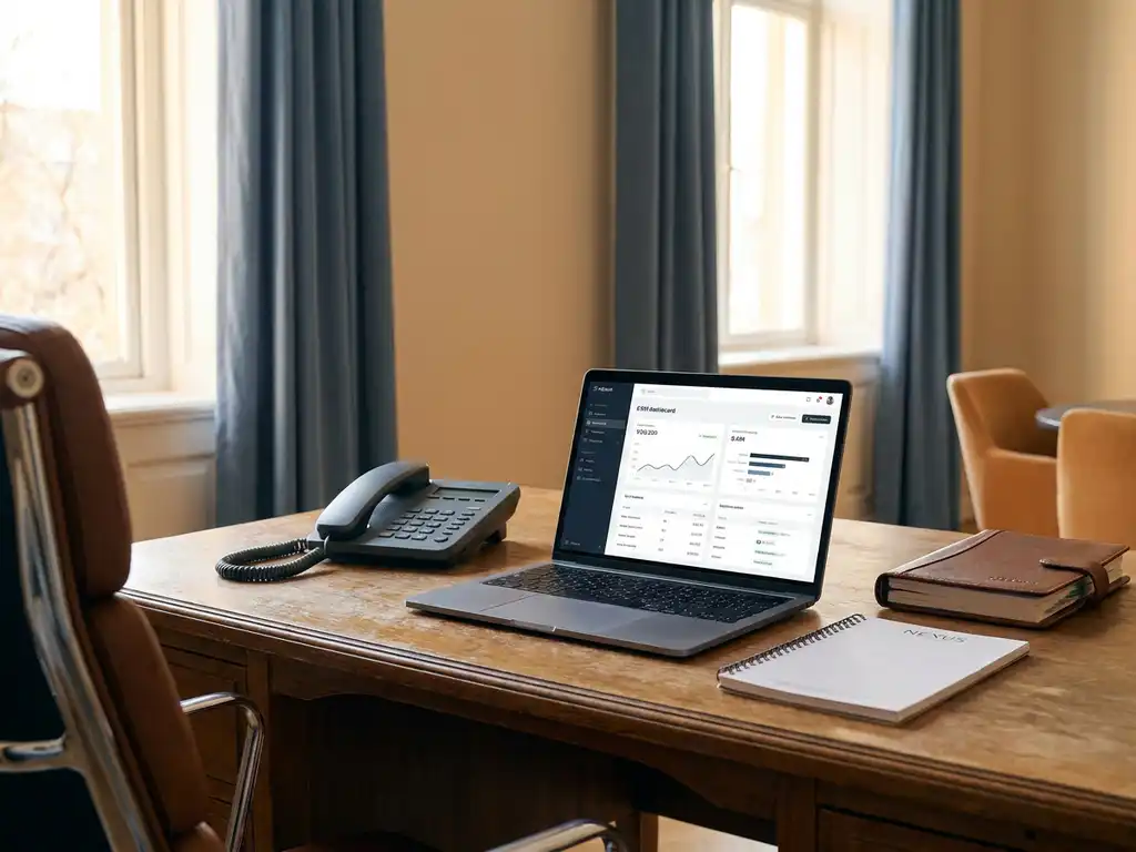 Telefonhörer neben aufgeklapptem Laptop mit CRM-Dashboard, Adressbuch und Notizblock auf einem Büroschreibtisch im warmen Gegenlicht.