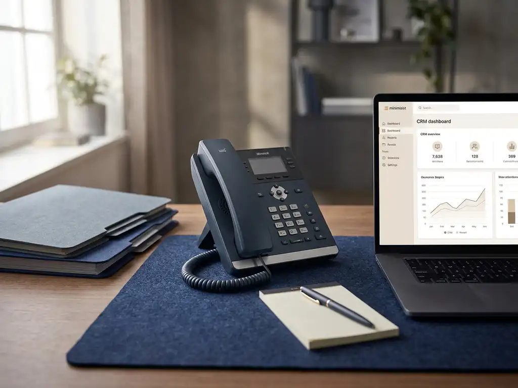 Telefonhörer neben Laptop mit CRM-Dashboard auf organisiertem Büroschreibtisch im warmen Bürolicht.
