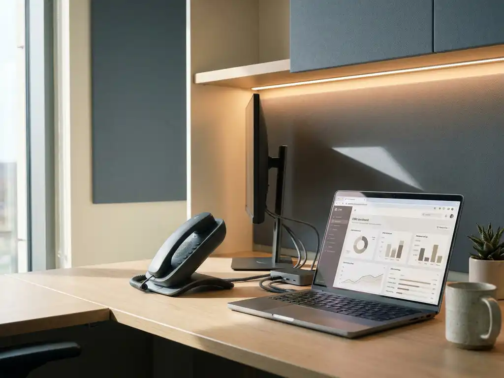 Telefonhörer neben aufgeklapptem Laptop mit CRM-Dashboard auf modernem Büroschreibtisch im warmen Umgebungslicht.