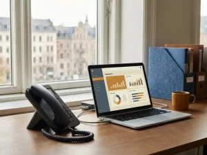 Telefonhörer neben Laptop mit Business-Dashboard auf modernem Büroschreibtisch mit Ordnern und Kaffeetasse im warmen Bürolicht.