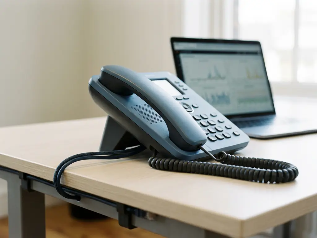 Professionelles Tischtelefon mit Spiralkabel auf modernem Schreibtisch, Laptop mit Netzwerk-Monitoring im unscharfen Hintergrund.
