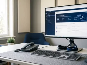 Tischtelefon-Hörer neben Tastatur und Unternehmenssoftware auf Monitor, ordentlich gebündelte Ethernet-Kabel im modernen Büro.