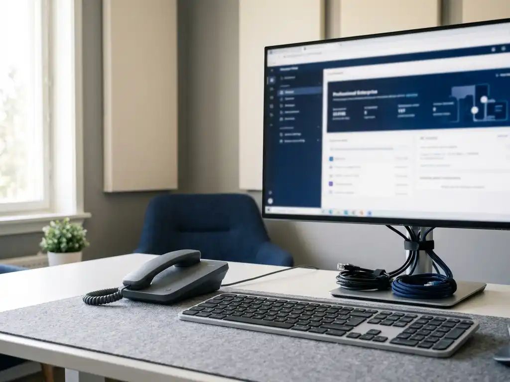 Tischtelefon-Hörer neben Tastatur und Unternehmenssoftware auf Monitor, ordentlich gebündelte Ethernet-Kabel im modernen Büro.