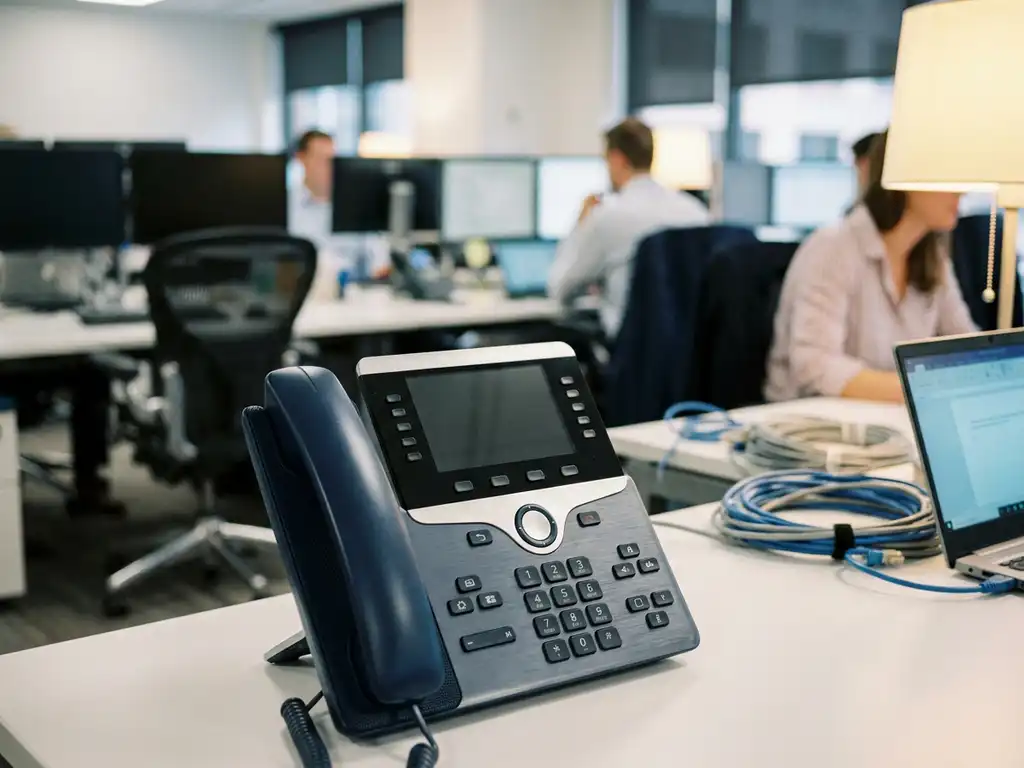 Modernes Enterprise-Tischtelefon im Büro mit Ethernet-Kabeln und Laptop für Unified Communications.