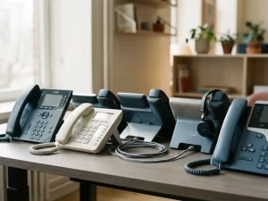 Verschiedene Bürotelefone und Headsets auf einem modernen Schreibtisch, verbunden durch ein einzelnes Ethernet-Kabel, natürliches Seitenlicht.