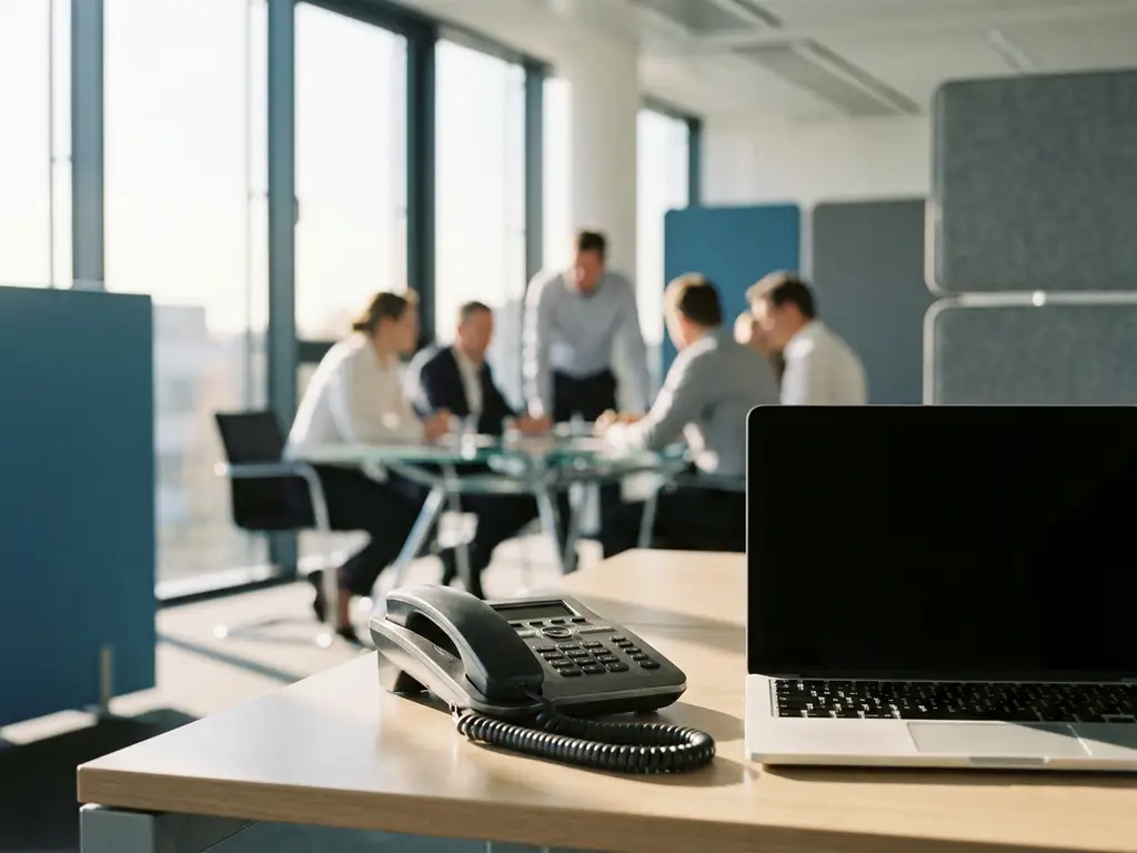 Tischtelefon-Hörer neben einem Laptop in einem modernen Büro mit großen Fenstern und Kollegen im Hintergrund.