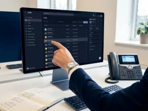 Hand wählt Kontakt in CRM-Software auf Desktop-Monitor, daneben VoIP-Tischtelefon und aufgeschlagenes Anrufprotokoll im modernen Büro.