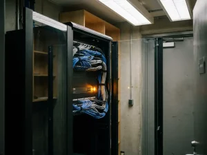 Dedizierter Server-Rack in einem kompakten Serverraum mit ordentlich verlegten Kabeln und rot-bernsteinfarbenem Statuslicht.