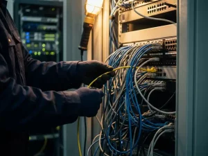 Techniker verlegt Ethernet-Kabel durch komplexes Kabelbündel an Patch-Panel im Serverrack bei warmem Arbeitslicht.
