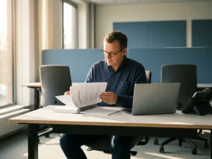 IT-Fachmann prüft technisches Angebot an modernem Schreibtisch mit Laptop und Telefon im warmen Fensterlicht.