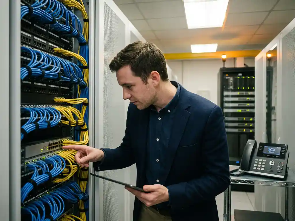 IT-Techniker in Business-Casual-Kleidung prüft Netzwerk-Patchpanel im Serverraum, IP-Tischtelefon und gebündelte Kabel im Hintergrund.