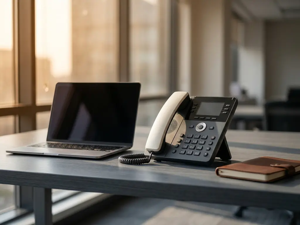 Modernes IP-Tischtelefon auf ordentlichem Büroschreibtisch neben Laptop und Notizbuch, warmes Tageslicht.