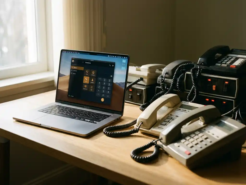 Laptop mit Softphone-Oberfläche neben veralteten Tischtelefonen und proprietärer Hardware auf einem Büroschreibtisch.