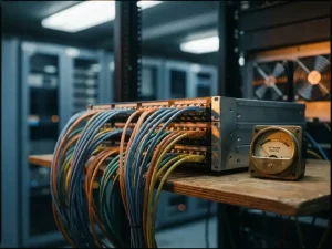 Netzwerk-Patchpanel mit farbigen Ethernet-Kabeln und analogem Datenverkehrsmesser im Serverraum.
