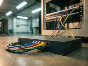 Netzwerk-Switch mit mehrfarbigen Ethernet-Kabeln in einem Serverraum, Patchpanel im unscharfen Hintergrund.