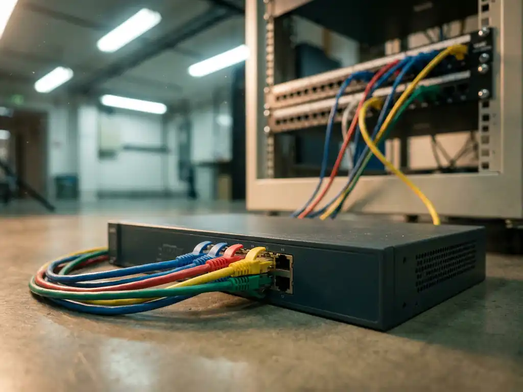 Netzwerk-Switch mit mehrfarbigen Ethernet-Kabeln in einem Serverraum, Patchpanel im unscharfen Hintergrund.