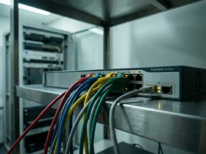 Netzwerk-Switch mit bunten Ethernet-Kabeln in einem Serverraum, grüne und gelbe Statuslichter leuchten.