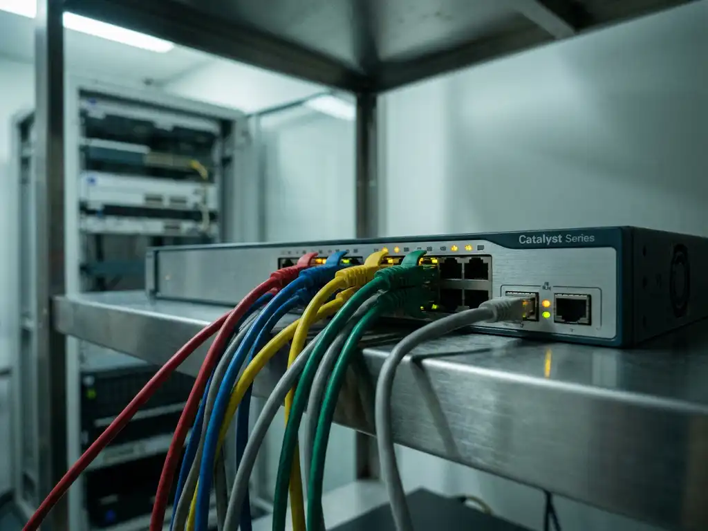 Netzwerk-Switch mit bunten Ethernet-Kabeln in einem Serverraum, grüne und gelbe Statuslichter leuchten.
