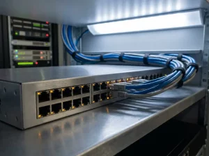 Metallischer Netzwerk-Switch mit leuchtenden Ethernet-Ports auf einem Serverraum-Regal, blaue und graue Kabel ordentlich verlegt.