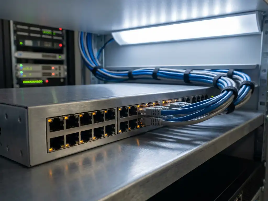 Metallischer Netzwerk-Switch mit leuchtenden Ethernet-Ports auf einem Serverraum-Regal, blaue und graue Kabel ordentlich verlegt.