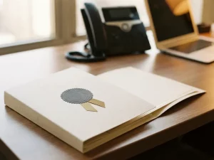 Professionelle Zertifizierungsmappe auf modernem Büroschreibtisch, Telefon und Laptop unscharf im Hintergrund, warmes natürliches Licht.