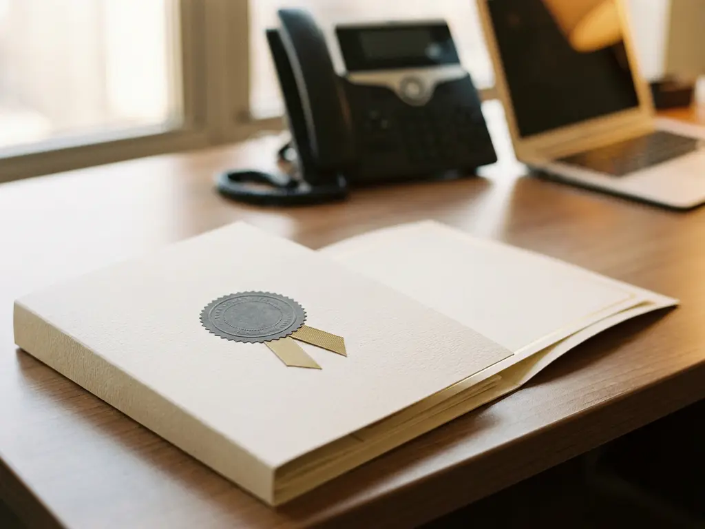 Professionelle Zertifizierungsmappe auf modernem Büroschreibtisch, Telefon und Laptop unscharf im Hintergrund, warmes natürliches Licht.