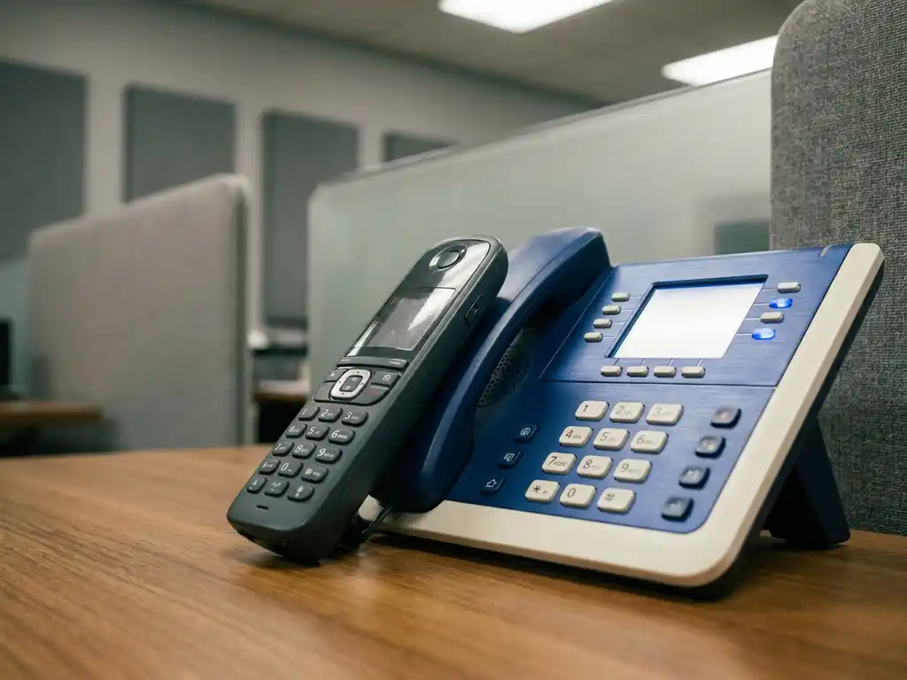 DECT-Schnurlostelefon lehnt an einem IP-Tischtelefon auf einem modernen Büroschreibtisch in Grau und Weiß.