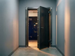 Halb geöffnete Stahl-Sicherheitstür in einem modernen Serverraum-Korridor mit Serverschränken im Hintergrund.