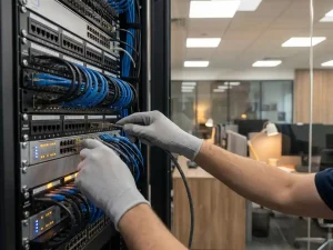 Techniker steckt Ethernet-Kabel in ein professionelles Server-Rack mit übersichtlichen Patch-Panels und blinkenden Statuslichtern.