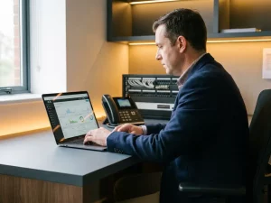 Telekommunikationsingenieur prüft 3CX-Dashboard auf Laptop, mit Tischtelefon und Patchpanel im Hintergrund.
